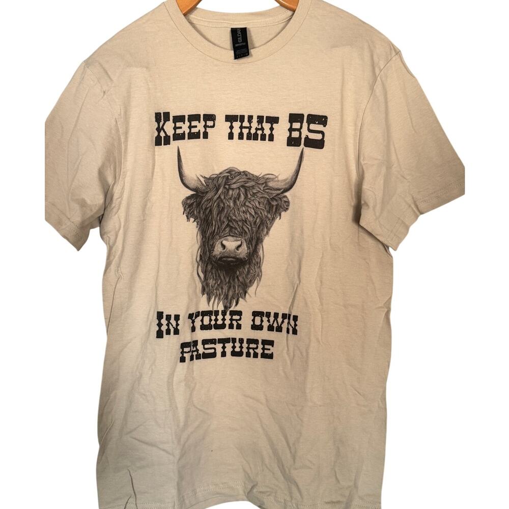 Highland Cow Tee Small Funny Western “Keep That BS” Cream Shirt